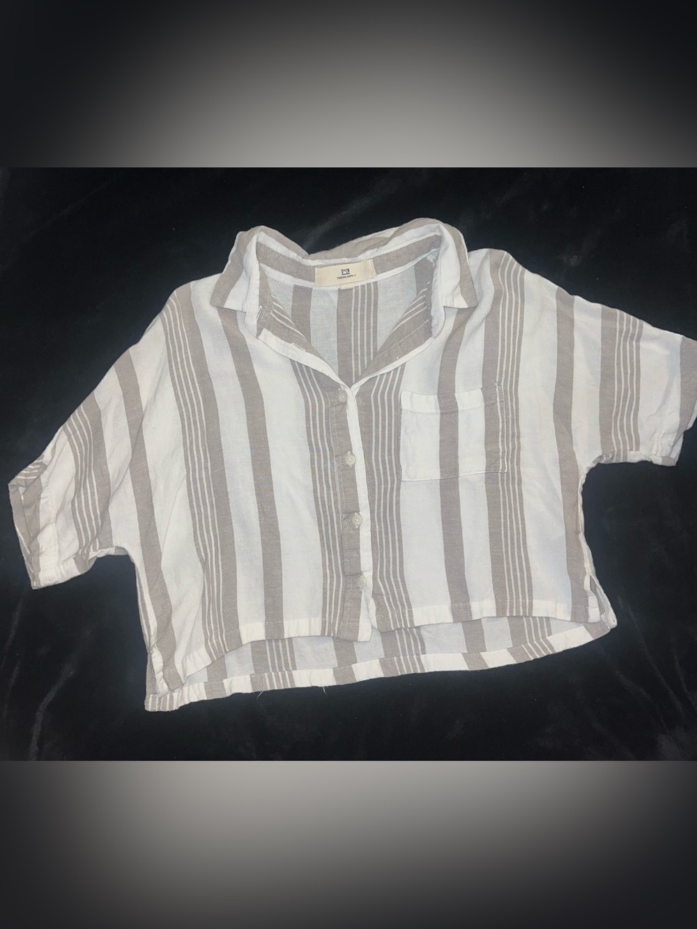 Thread & Supply Cropped Button-Down Shirt in White and Taupe Stripes